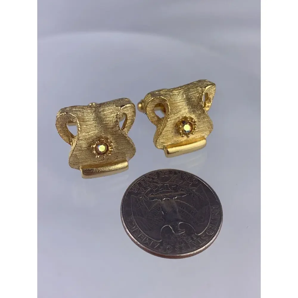 Aurora Borealis Rhinestone Gold Tone Cufflinks Modernist Lyre Unique Vintage